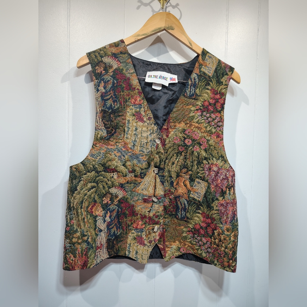 Vintage On The Verge Tapestry Vest Large Made in USA Cottagecore Art Garden - Picture 7 of 7